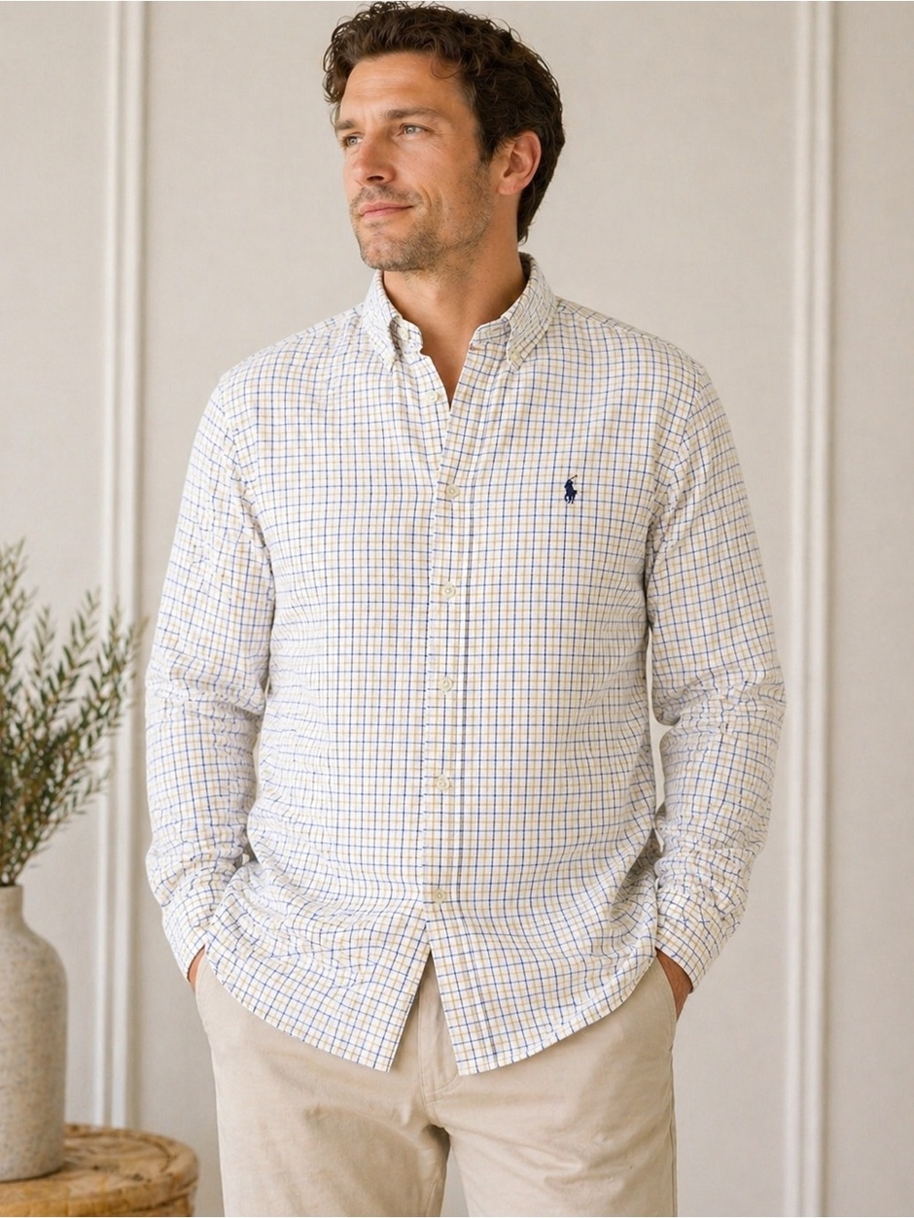 Polo Ralph Lauren Classic Fit Button Down Shirt Plaid White Blue Yellow Luxury M